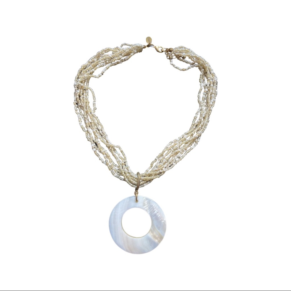 Statement Necklace Beaded Beach O Ring Ivory Vintage